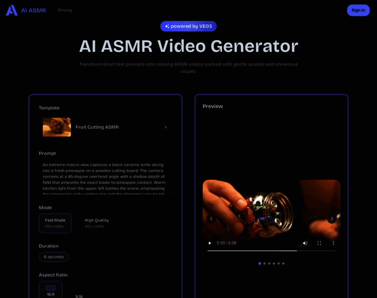 ai-asmr.io at WI. AI ASMR | Create VEO3 Relaxation Videos Online
