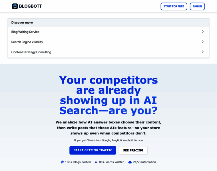 blogbott.com at WI. BLOGBOTT — AI Blog Automation That Gets You Found