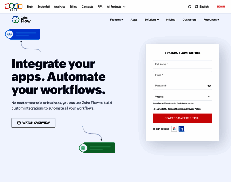 flow.zoho.eu at WI. Integrate your apps. Automate your workflows | Zoho ...