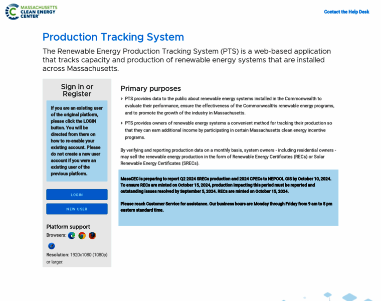 masscec-pts.com at WI. Production Tracking System
