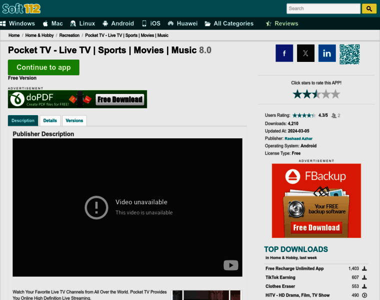 Pocket-tv-live-tv-sports-movies-music.soft112.com thumbnail