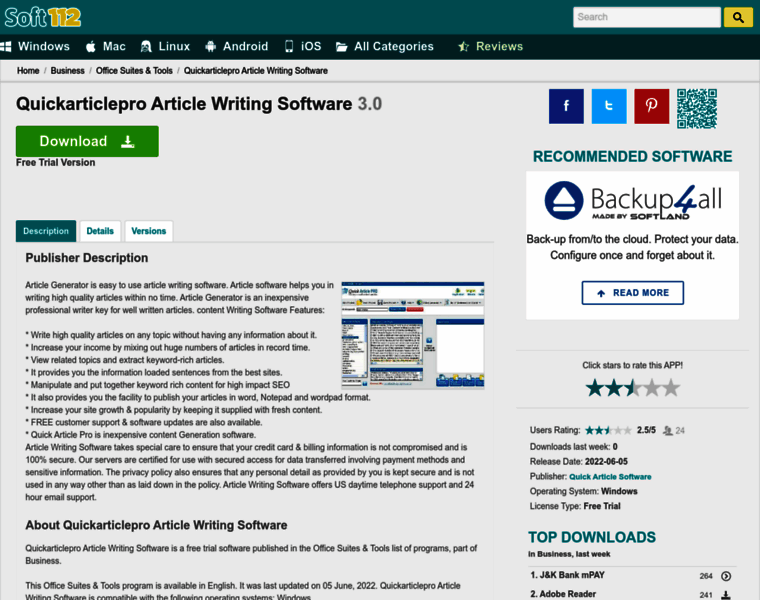 Quickarticlepro-article-writing-software.soft112.com thumbnail